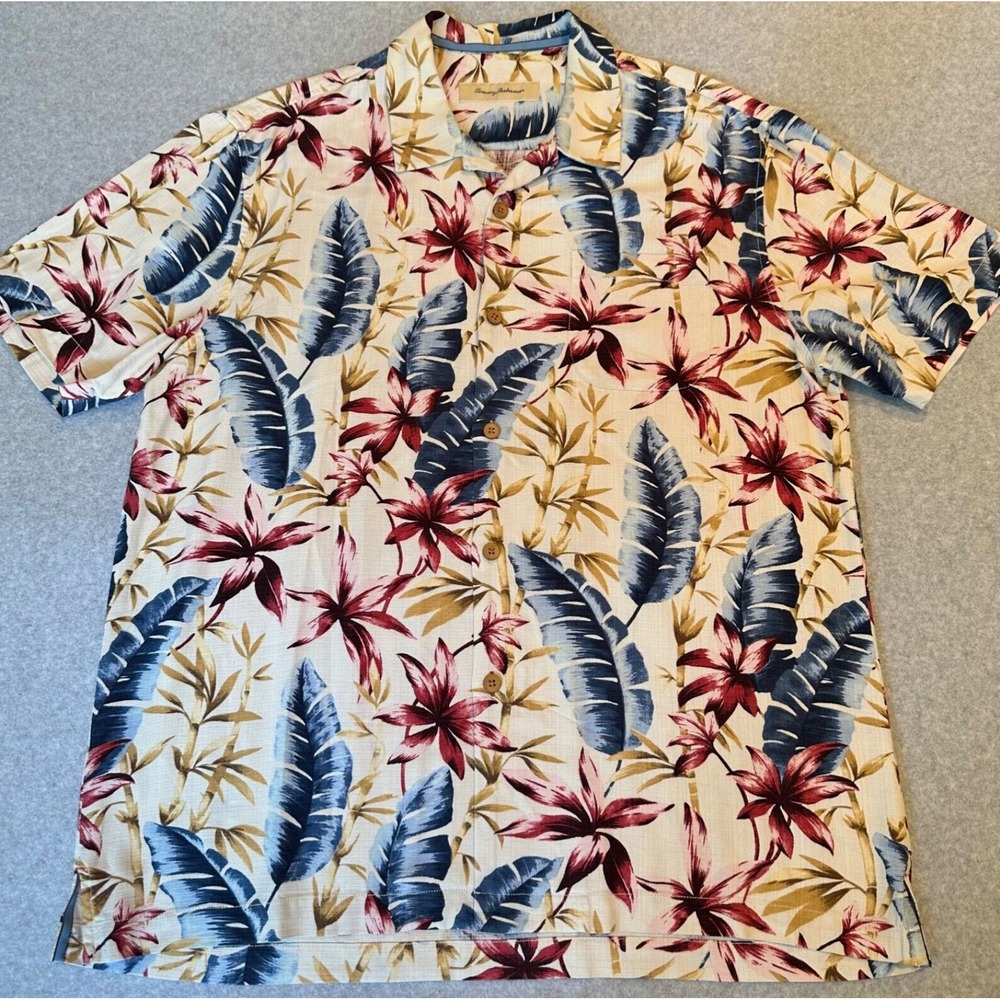 Tommy Bahama Silk Camp Shirt Men's L Button-up Short Sleeve Floral Leaf Bamboo